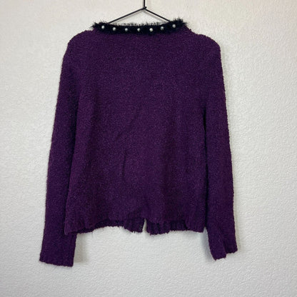 ECI New York Womens Sz L Cardigan Sweater Purple Fuzzy Pearl Detail