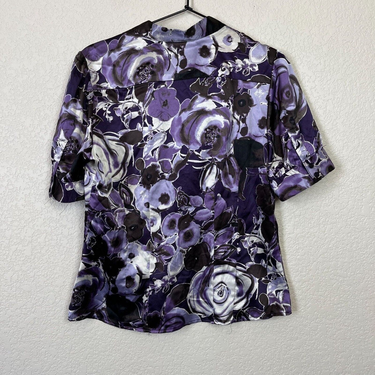 Apt 9 Petite PM Button Down Satin Blouse Purple Black Floral Short Sleeve