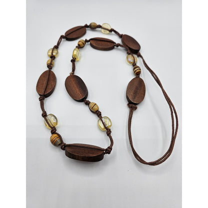 Vintage Knotted Leather Rope Single Strand Necklace Brown Wooden and Glass