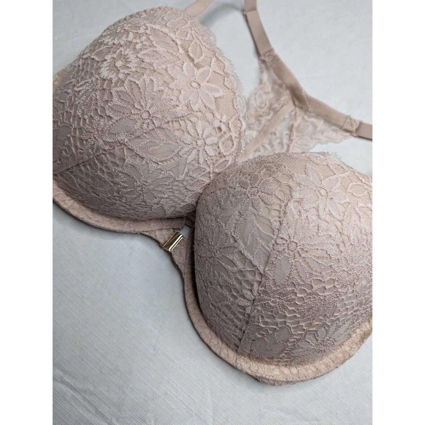 Auden Womens Sz 34DD Front Clasp Padded Push Up Bra Light Beige Lace Back