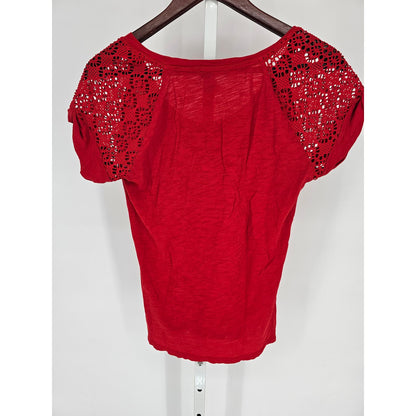 Express Womens Sz S Short Sleeve T Shirt Solid Red Crochet Shoulders