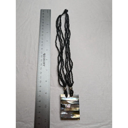 Vintage Multi Strand Beaded Necklace Rectangle Shell Pendant Black Pink