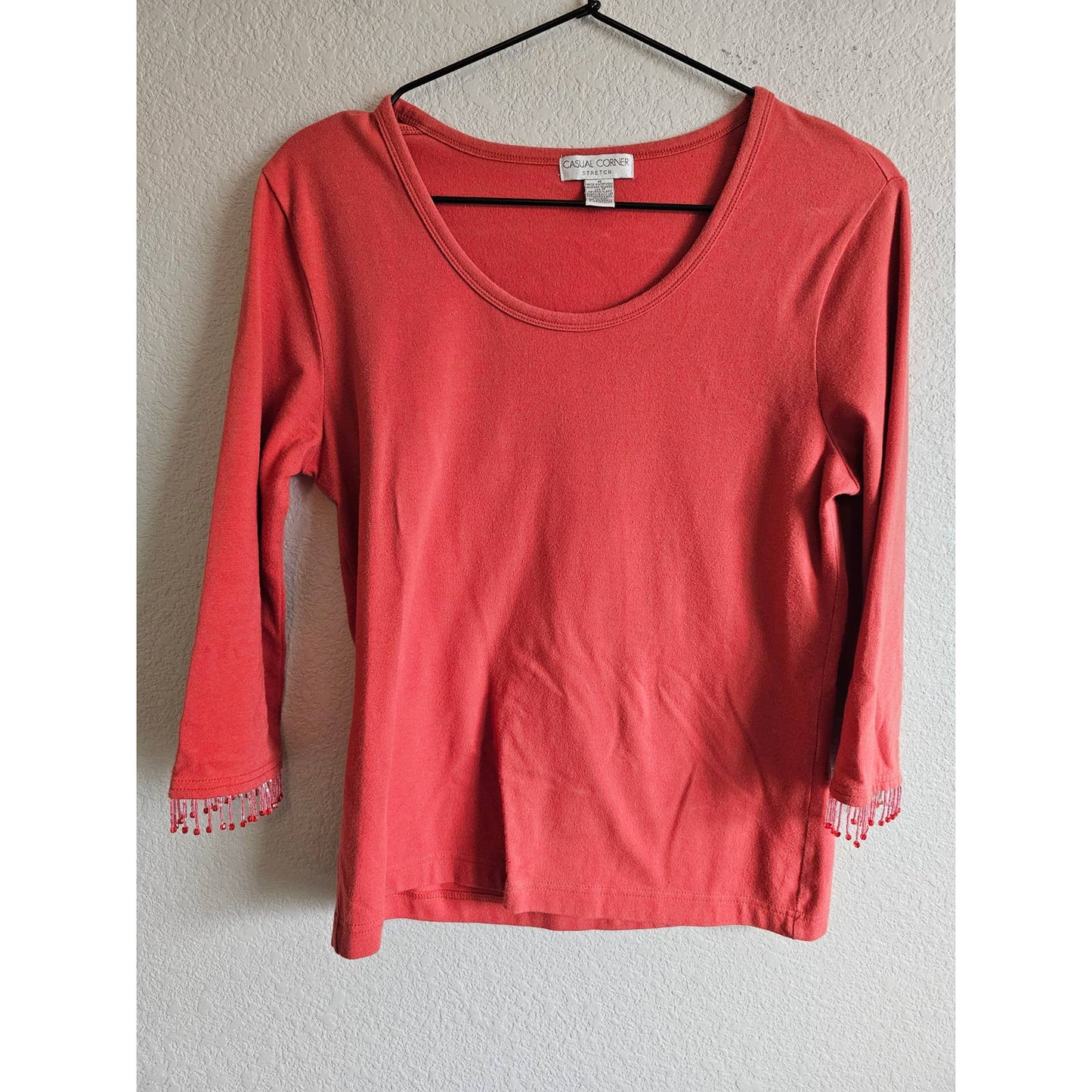 Casual Corner Womens Sz M 3/4 Sleeve T Shirt Dark Coral Beaded Fringe