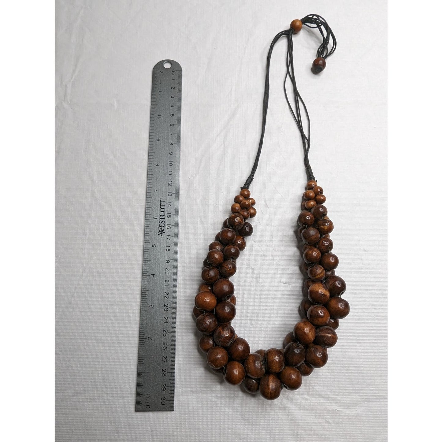 Vintage Mid Century Wooden Cluster Round Bead Statement Necklace Brown