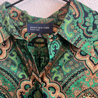 Jones New York Womens Sz M Button Down Blouse Green Gold Print