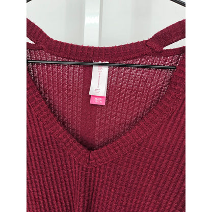 No Boundaries Womens Sz XL Long Sleeve V Neck Sweater Waffle Knit Dark Red