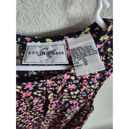 Vintage 1990s Studio Ease Womens Sz 12 Maxi Dress Black Pink Floral Sleeveless