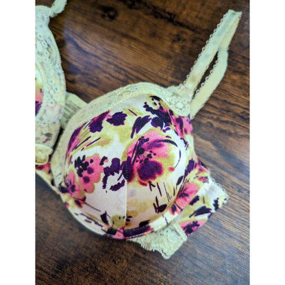 Ambrielle Womens Sz 34C Extreme Push Up Plunge Bra Red Yellow Floral