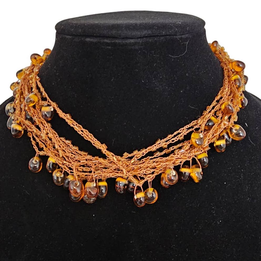 Vintage Layered Amber Beaded Choker Necklace Boho