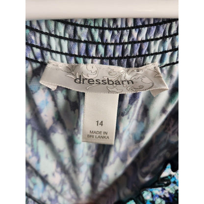 Dressbarn Womens Sz 14 Midi Length Short Sleeve Dress V Neck Blue Abstract Print