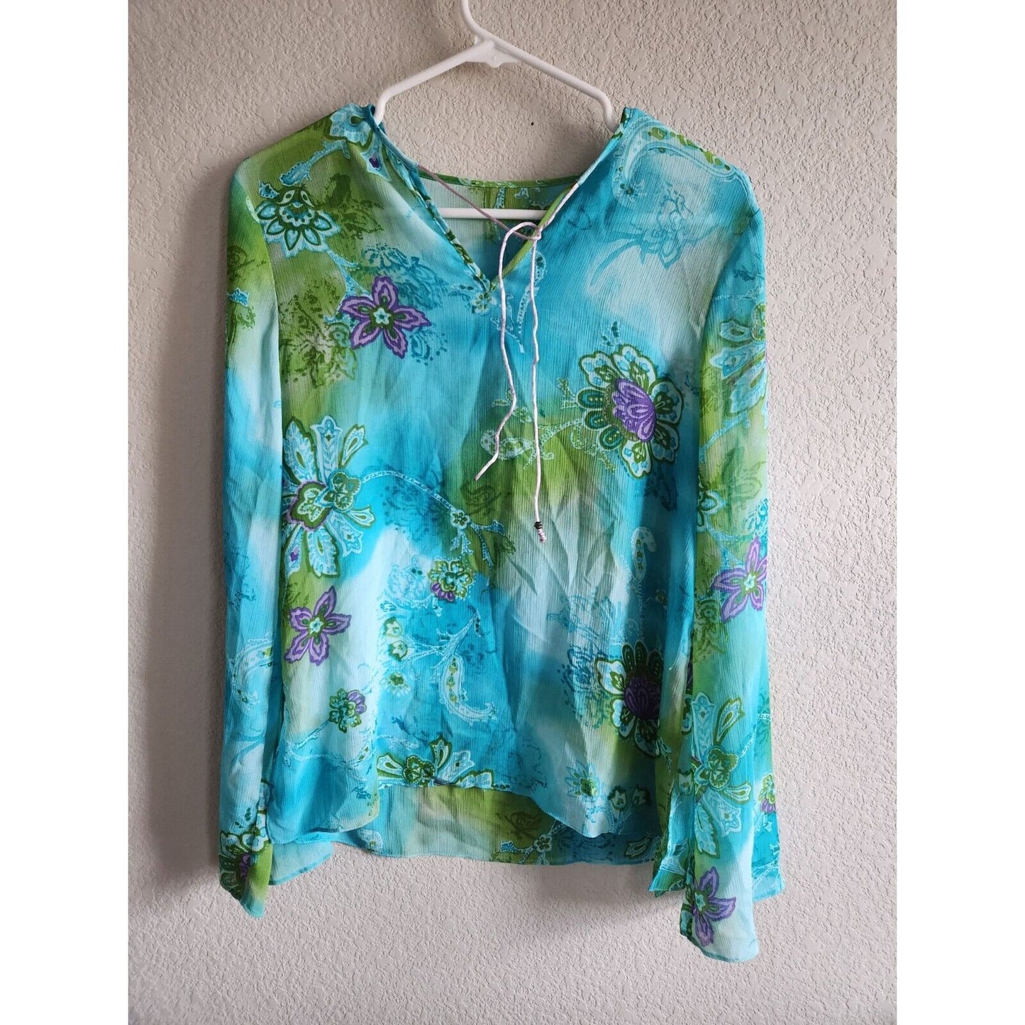 Vintage Y2K Womens Sz S Lightweight Long Sleeve Teal and Green Floral Blouse