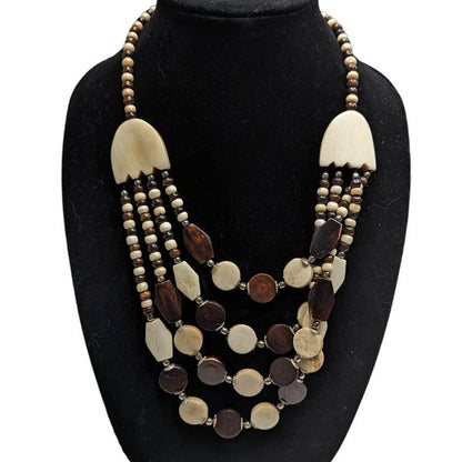 Vintage 1960s Statement Piece Necklace Brown Cream Stone Beads Mid Century