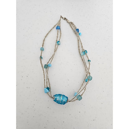 Vintage 1990s Glass Beaded Multi Strand Necklace clear and Blue Art To Wear