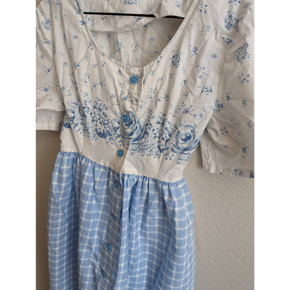 Vintage 1990s Womens Sz M Midi Length Peasant Style Dress Blue White