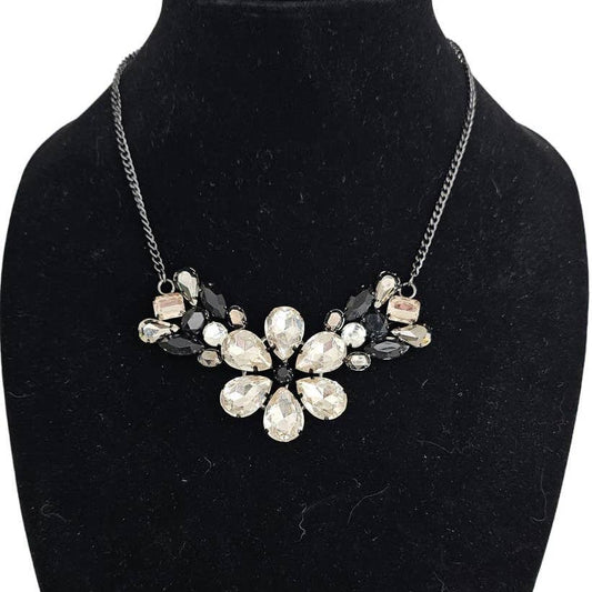 Vintage Y2K Statement Piece Formal Necklace Floral Rhinestones White Black