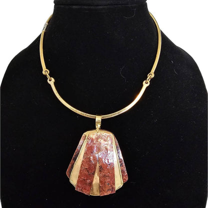 Vintage 1960s Gold Enamel Pendant Style Necklace Metal Art Deco Inspired Red