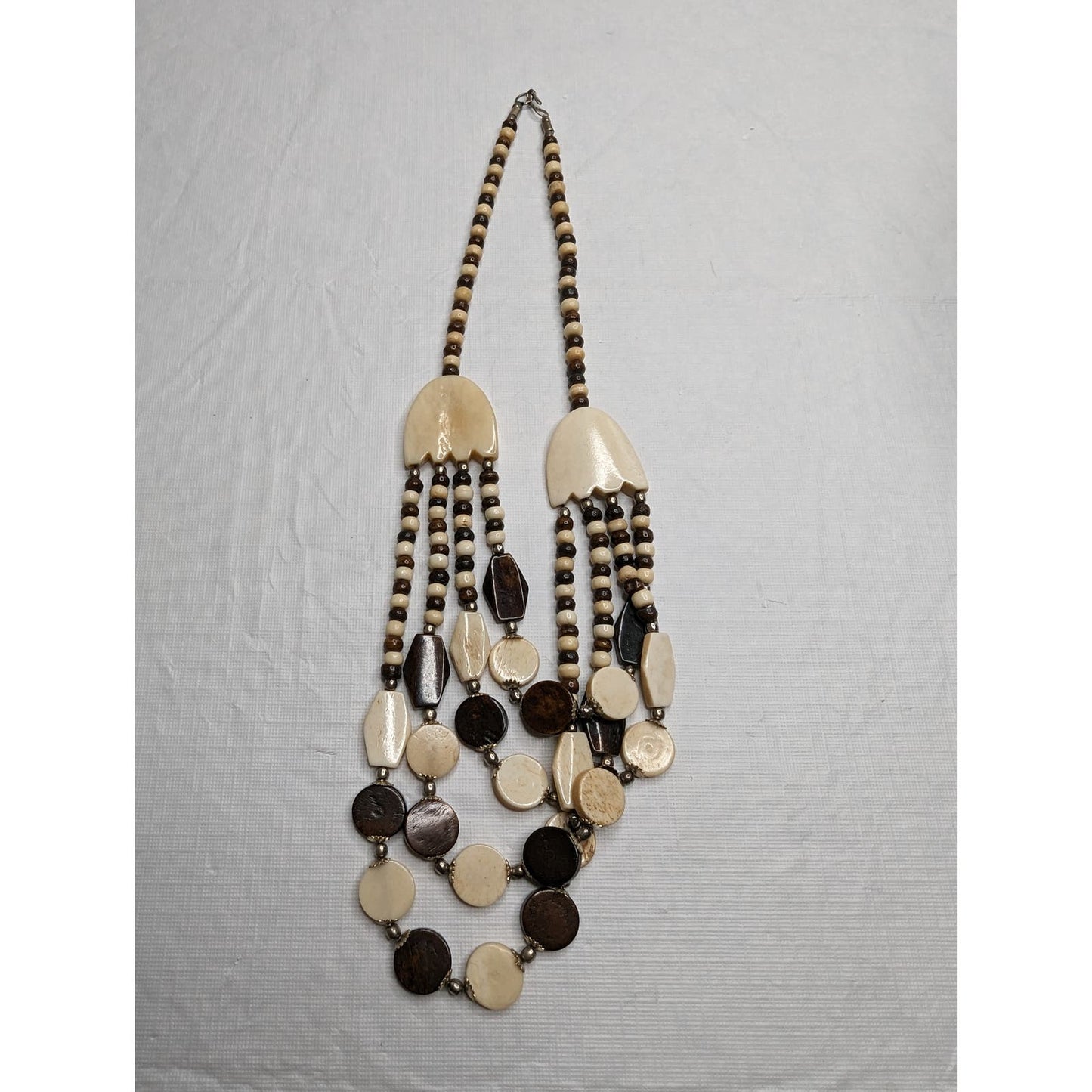 Vintage 1960s Statement Piece Necklace Brown Cream Stone Beads Mid Century