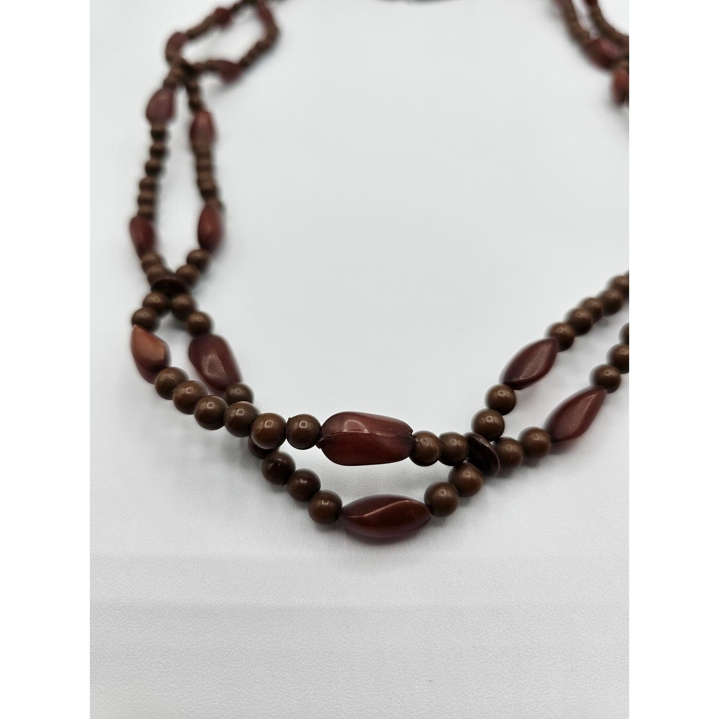 Vintage Mid Century 2 Strand Wooden Beaded Necklace Brown Tones