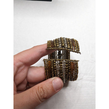 Vintage Womens Adjustable Beaded Stacked Bracelet Earthtones Silver Gold