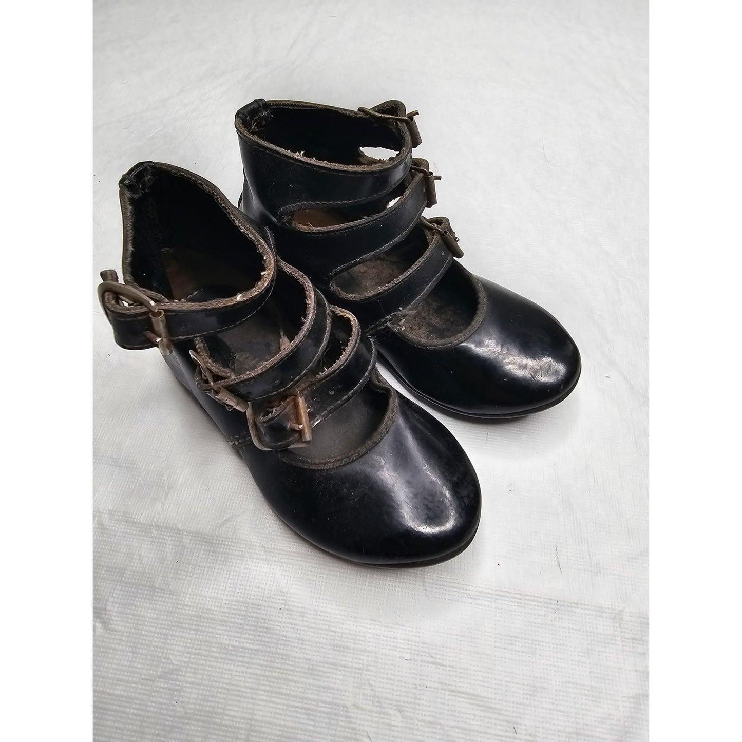 Antique Victorian Baby Leather Shoes  Primitive Black 3 Side Buckles