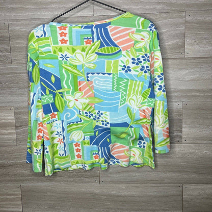 Life Style Petites Womens Sz PM Long Sleeve Cotton Blouse Bright Tropical Colors