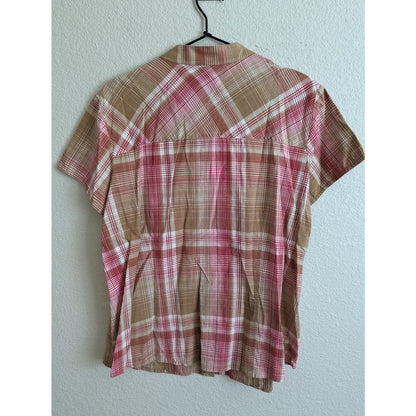 Style & Co Womens Sz 16W Short Sleeve Button Down Shirt Pink Tan Plaid