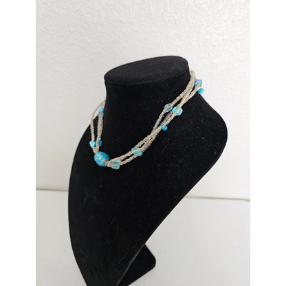 Vintage 1990s Glass Beaded Multi Strand Necklace clear and Blue Art To Wear