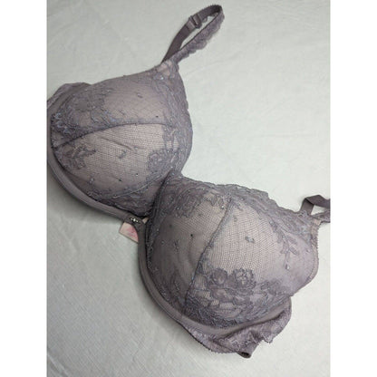 Victorias Secret Womens Sz 34DD Padded Push Up Bra Gray Lace Rhinestone