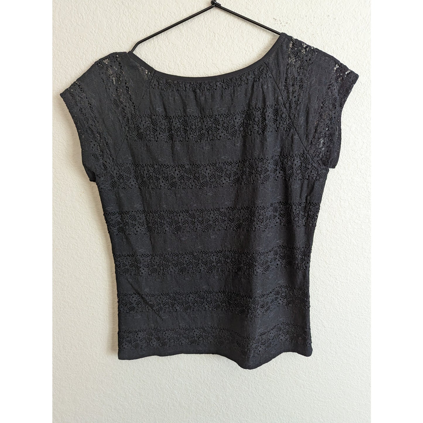 Alfani Womens Sz M Short Sleeve Blouse Black Lace Overlay