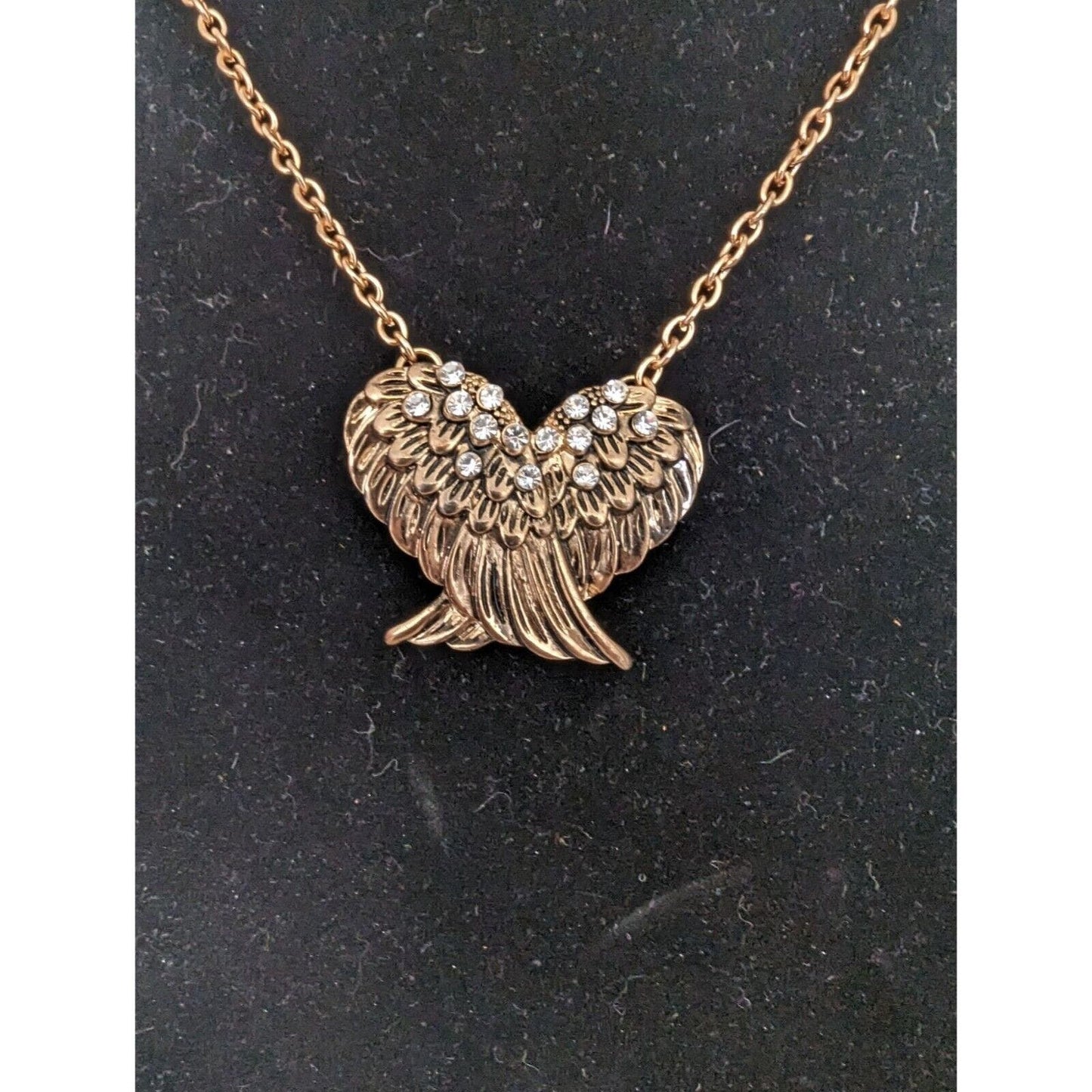 Womens Gold Tone Heart Shaped Wings Necklace w/ Rhinestones New