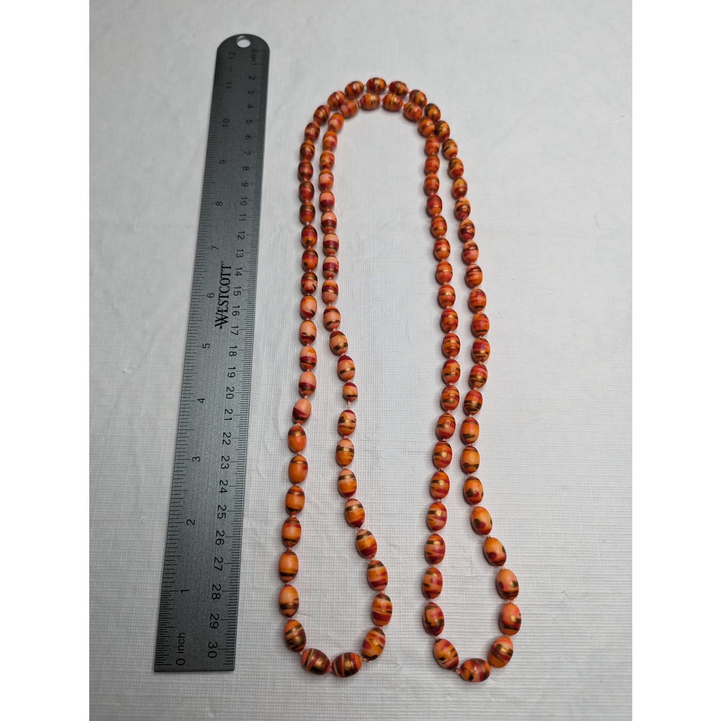 Vintage Mid Century Single Strand Wooden Beaded Necklace Orange Art To Wear