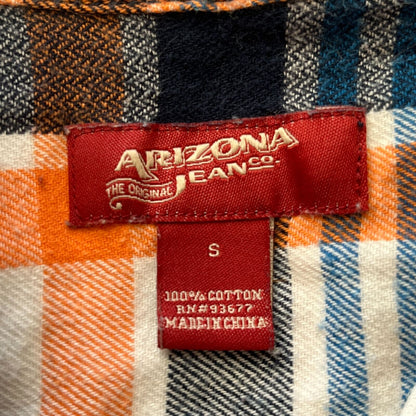 Arizona Jeans Mens Sz S Long Sleeve Button Down Plaid Shirt Cotton Orange Blue