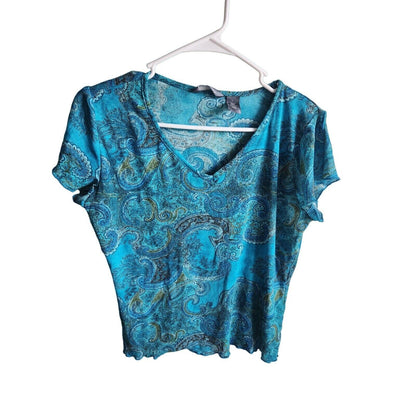 Vintage Hillard & Hanson Womens Sz L Short Sleeve T Shirt Blue Paisley Print