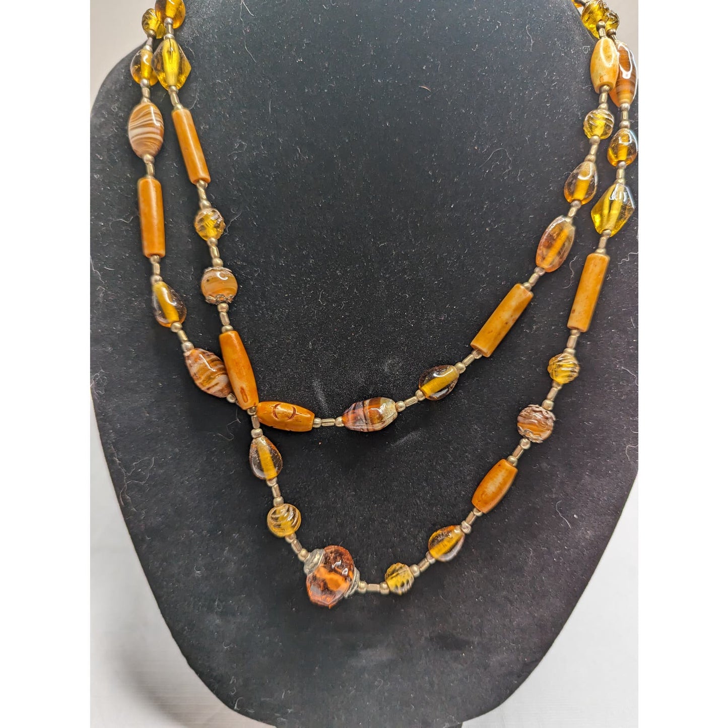 Vintage Mid Century 2 Strand Glass Beaded Necklace Yellow Orange Gold