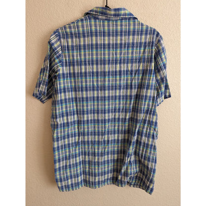 Only Necessities Womens Sz 14W Short Sleeve Button Front Plaid Shirt Blue Yellow