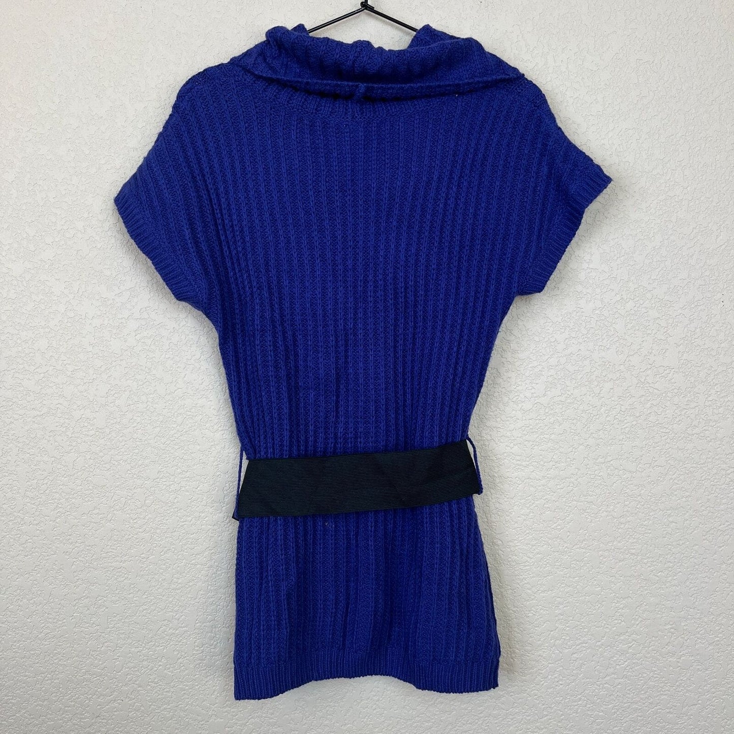 Vintage Y2K Juniors Sz M Short Sleeve Sweater Belted Blue Cowlneck