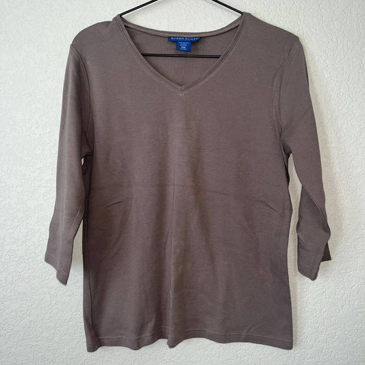 Karen Scott Petites Womens PM Long Sleeve Taupe Brown T Shirt Cotton