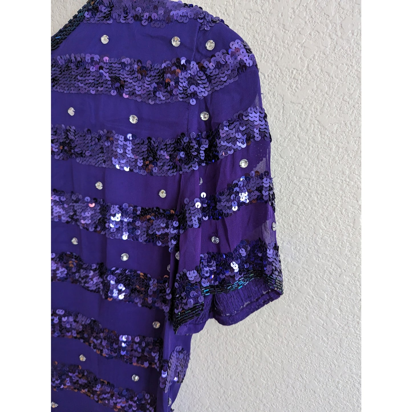 Vintage 1990s Nite Line Sz 10 Knee Length 100% Silk Dress Fully Beaded Purple