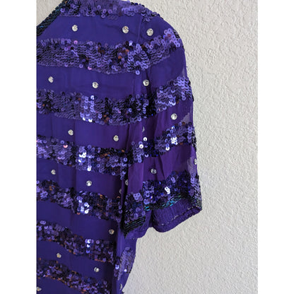 Vintage 1990s Nite Line Sz 10 Knee Length 100% Silk Dress Fully Beaded Purple