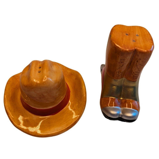 Vintage Salt and Pepper Shaker Set 1950s Hand painted Cowboy Boot and Hat