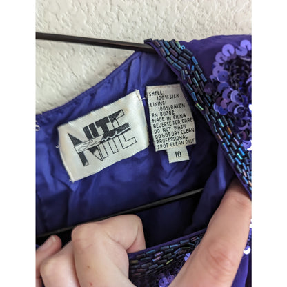 Vintage 1990s Nite Line Sz 10 Knee Length 100% Silk Dress Fully Beaded Purple