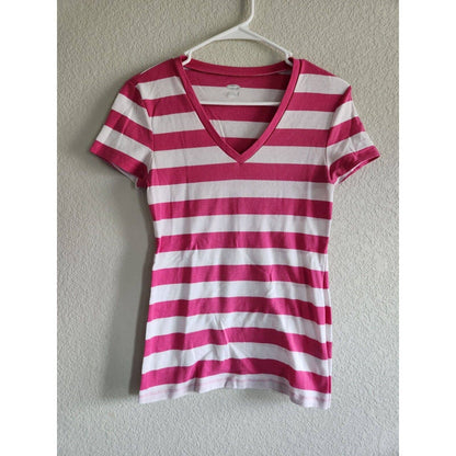 Old Navy Womens Sz M Fitted V Neck T Shirt Pink White Striped