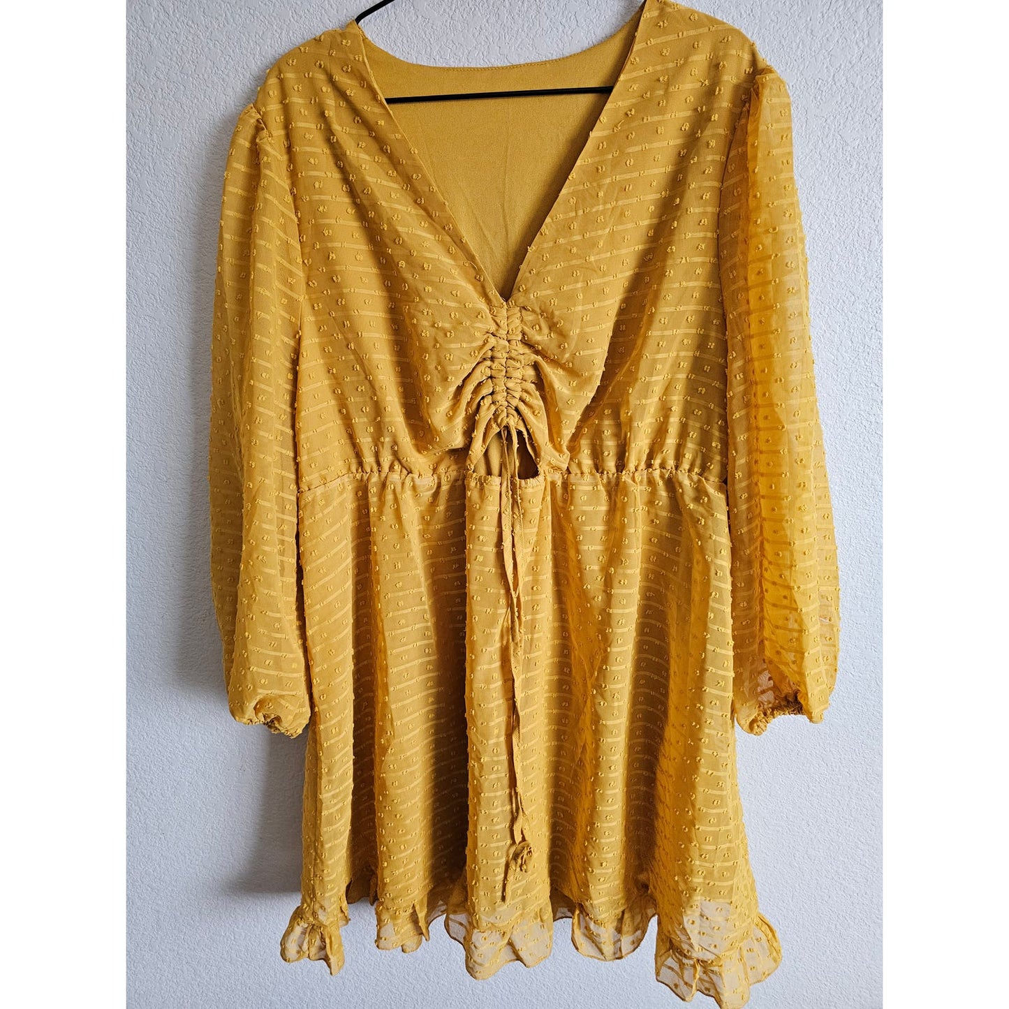 Womens Sz XL Knee Length Long Sleeve Mustard Yellow Boho Dress Open Back