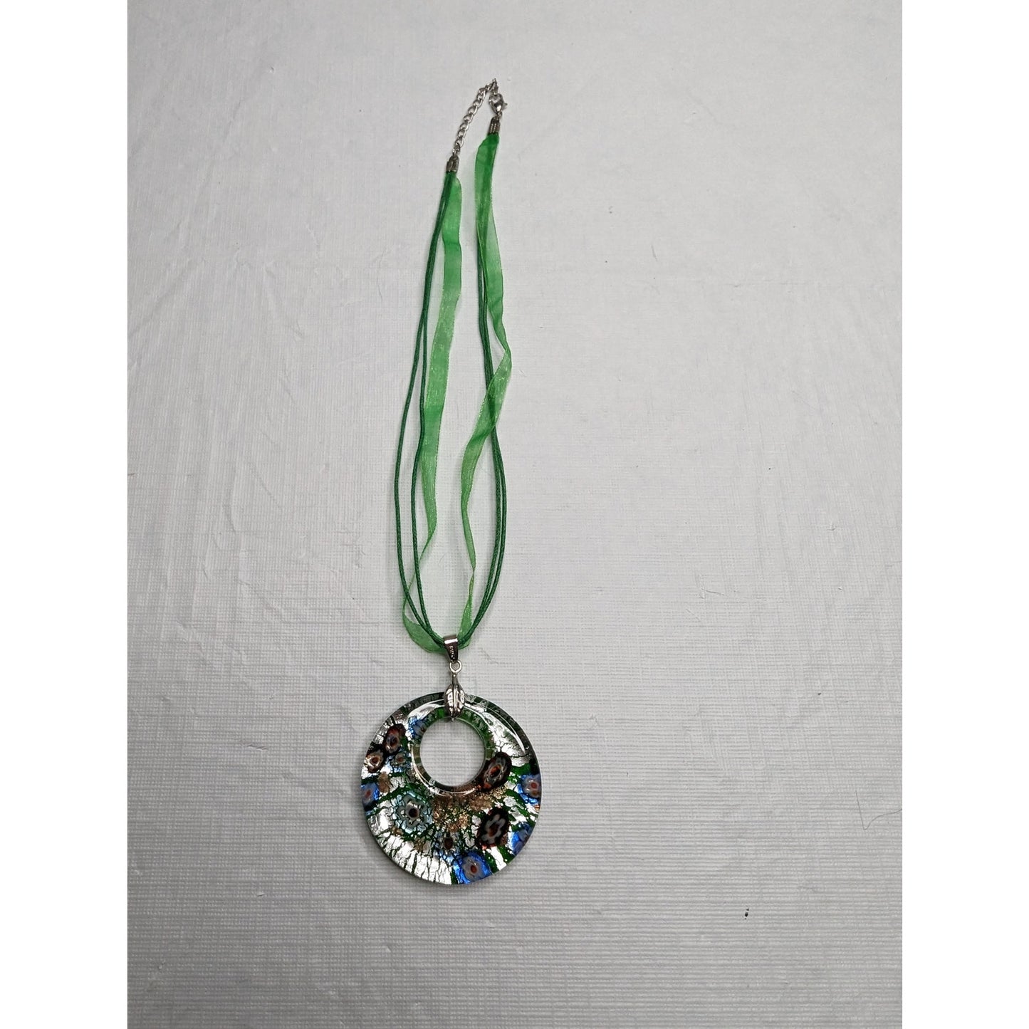 Vintage 1990s Art to Wear Glass Pendant Necklace w/ Green Ribbon