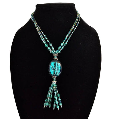 Vintage Mid century Teal Glass Beaded Necklace Southwestern Style Tassel