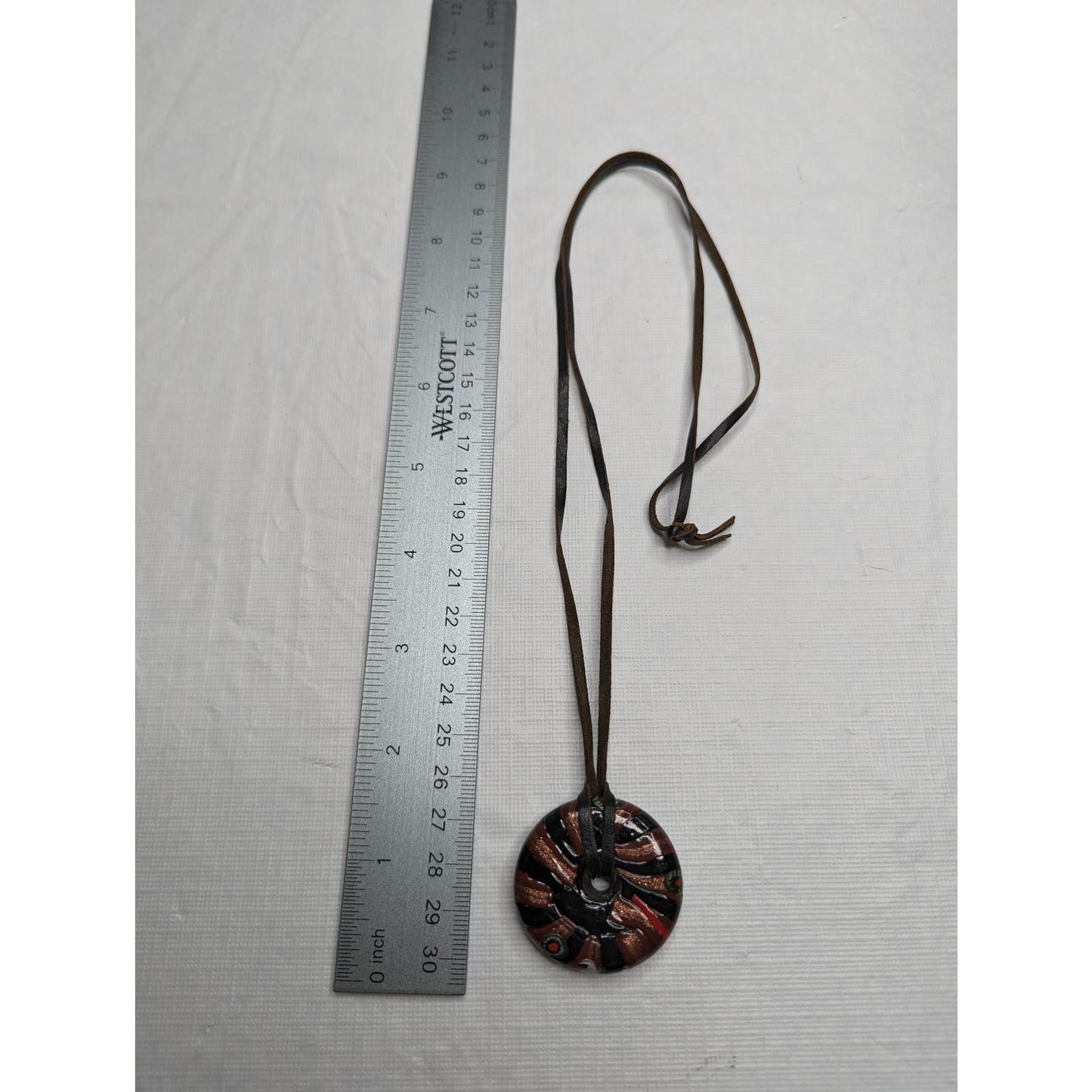 Vintage Leather and Glass Pendant Mid Century Necklace Red Black Disk