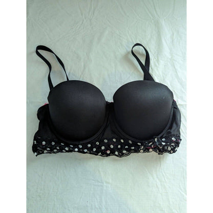 Fruit of the Loom Womens Sz 36C Longline Bra Black White Polka Dot