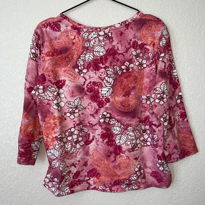 Caribbean Joe Womens Sz Petite PL Pink Floral Blouse Paisley