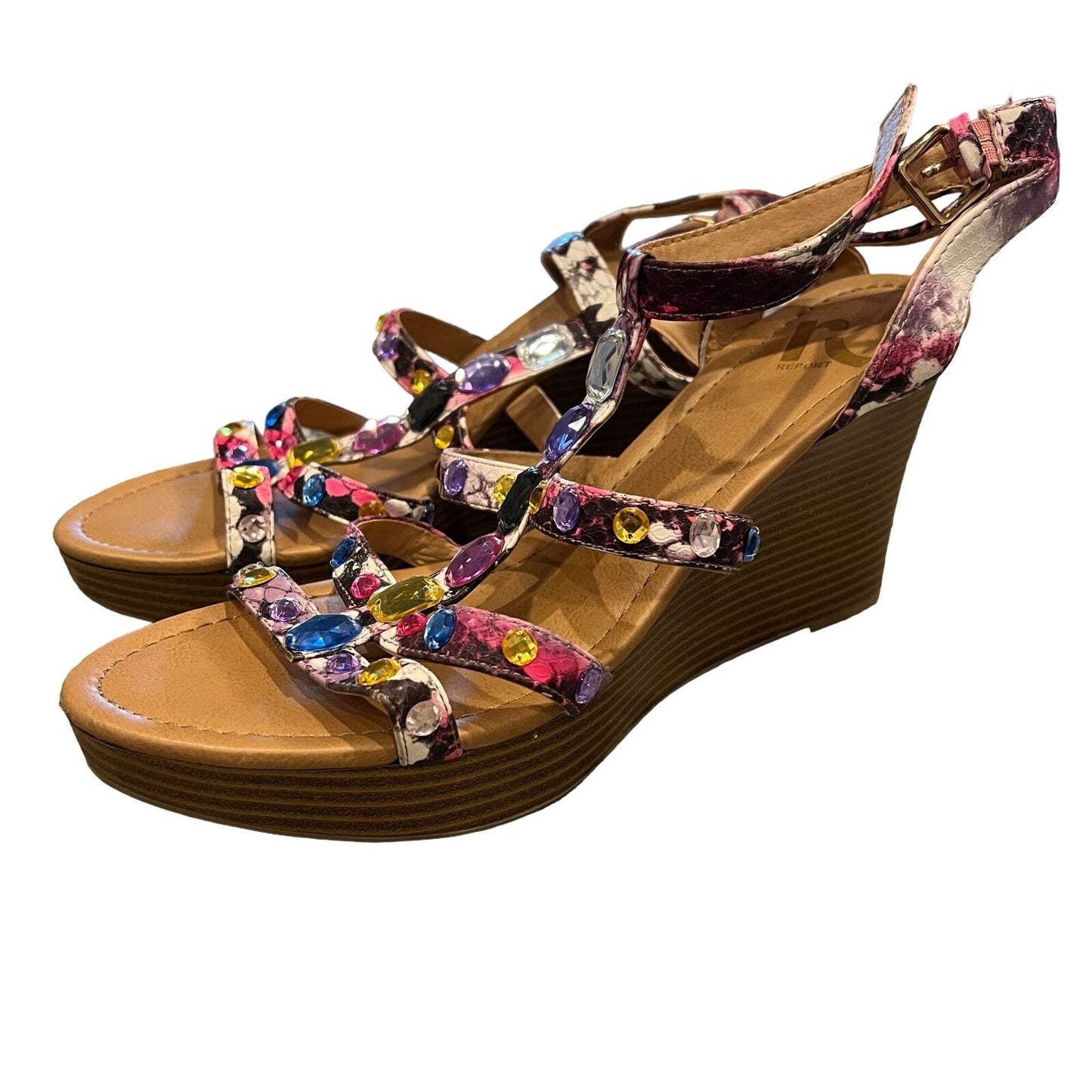 RE Report Womens Sz 10 Wedge Heels Macaw Colorful Rhinestone Front