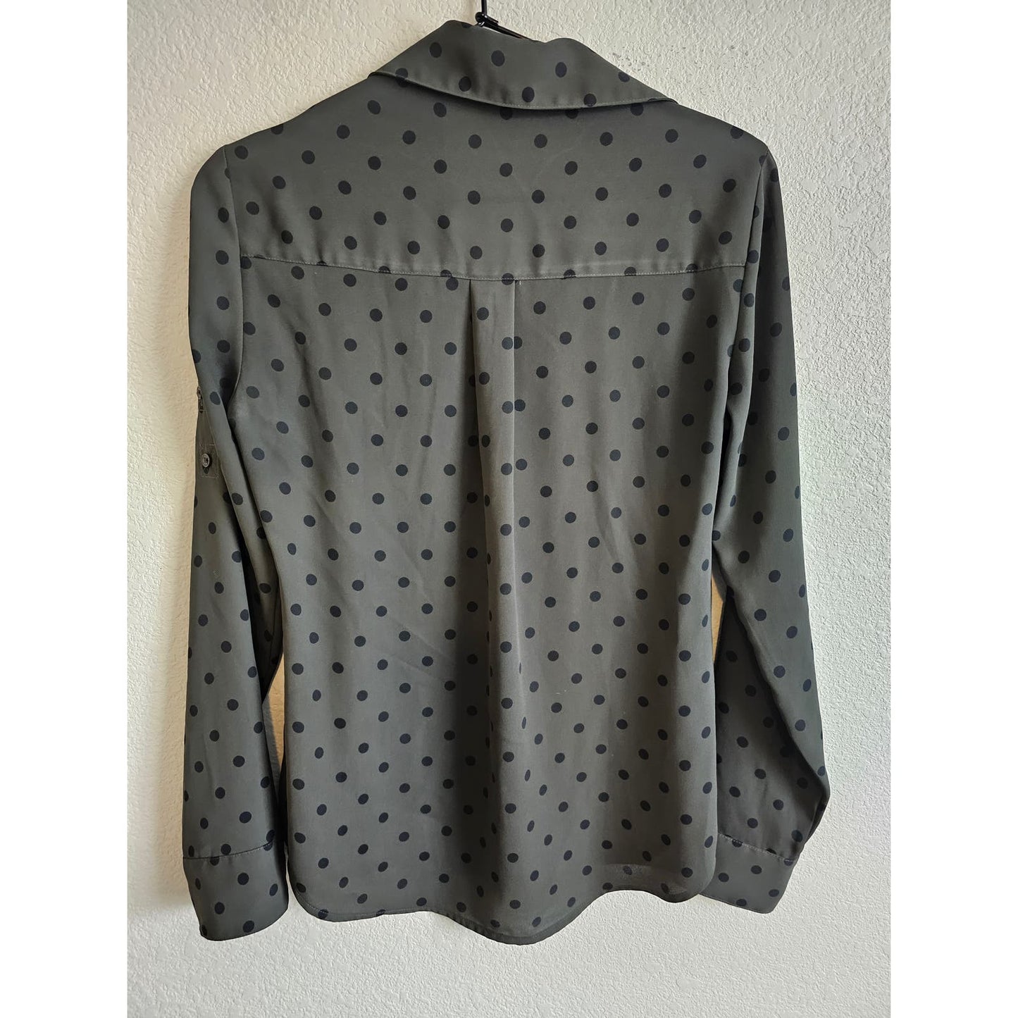 Express Womens Sz XS Long Sleeve Portofino Dress Shirt Olive Black Polka Dot